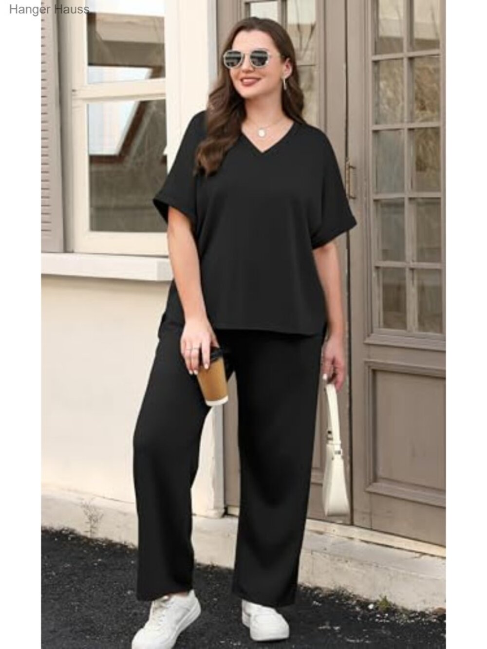 Women's V Neck Short Sleeve Wide Leg Pant 2 Piece Lounge Set - Picture 3 of 6